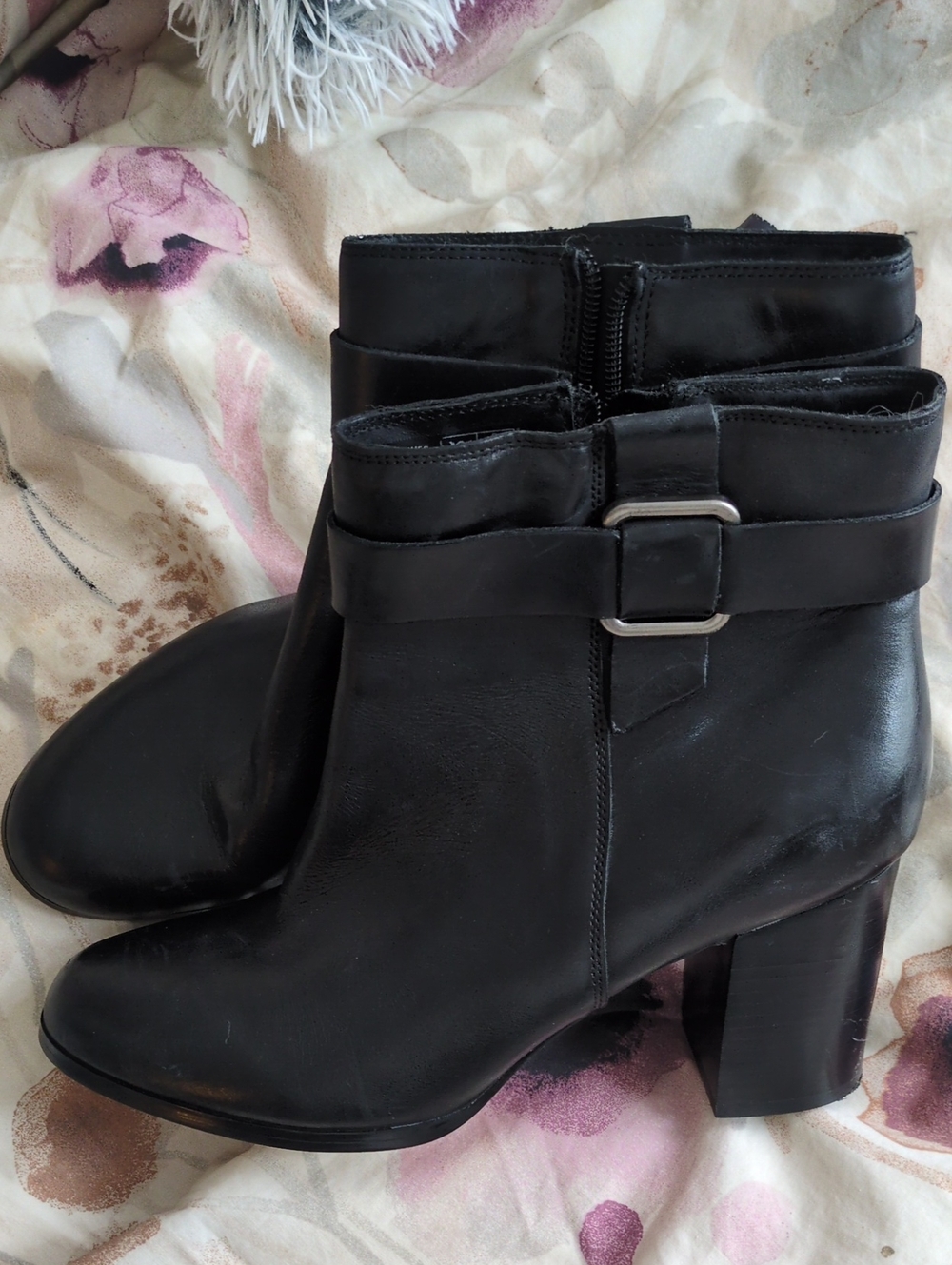 Lands' End Black Leather Ankle Boots with Buckle Strap